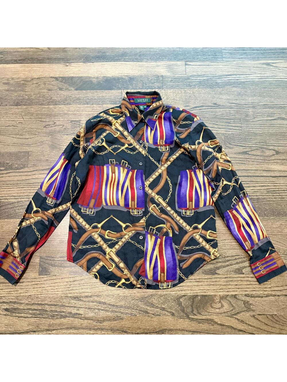 Lauren Ralph Lauren Equestrian Bridle Horse Bit Button Blouse Petite Small